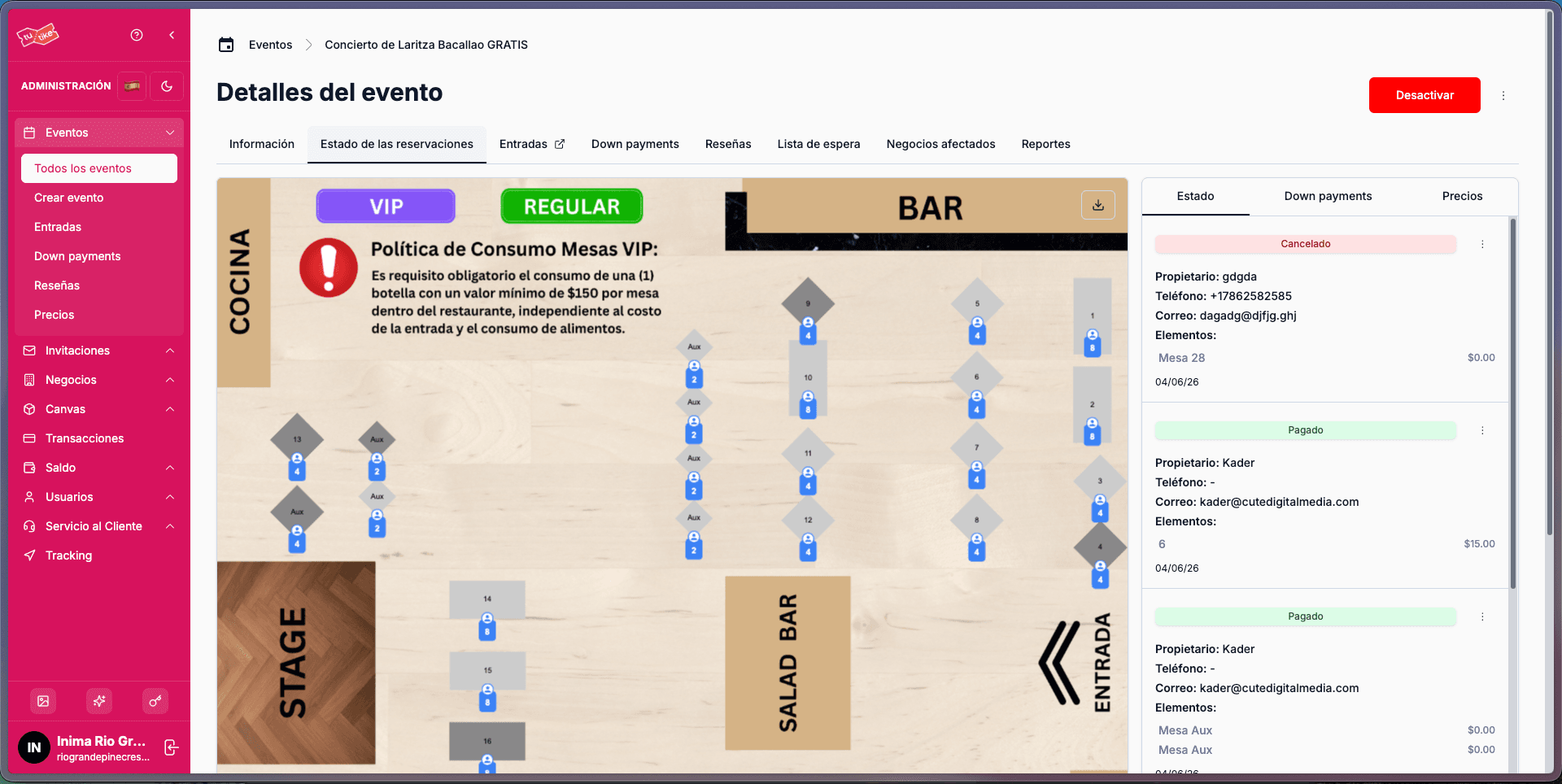 Estado de reservaciones